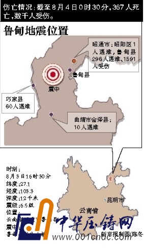 8月3日，救援人員在云南魯?shù)榭h地震現(xiàn)場(chǎng)救援。該地發(fā)生6.5級(jí)地震，為14年來(lái)最大震級(jí)。新華社發(fā)